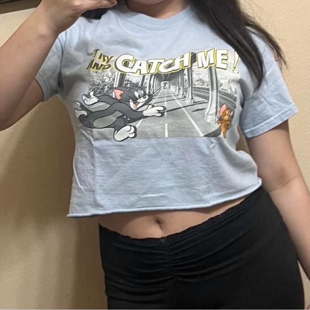 Light Blue Tom & Jerry Graphic Crop T-Shirt
